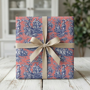 Papel De Presente Chique Vintage Coral Vermelho Azul Toile de Jouy