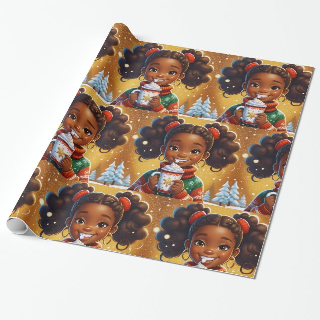 Papel De Presente Chocolate de Natal para Garota Americana Africana (Desenrolado)