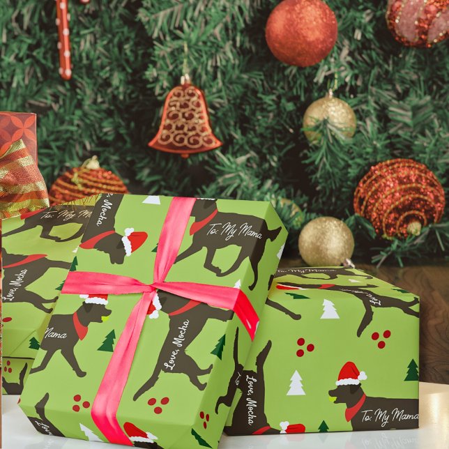 Papel De Presente Chocolate Lab Natal Personalizado Adicionar Nome d (Chocolate Labs Customized Christmas Wrapping Paper )
