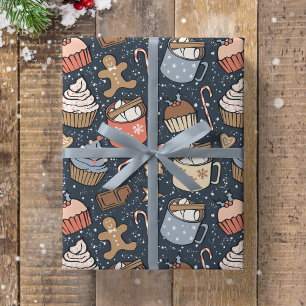 Papel De Presente Chocolate Quente Vintage Natal Tradicional Azul Es