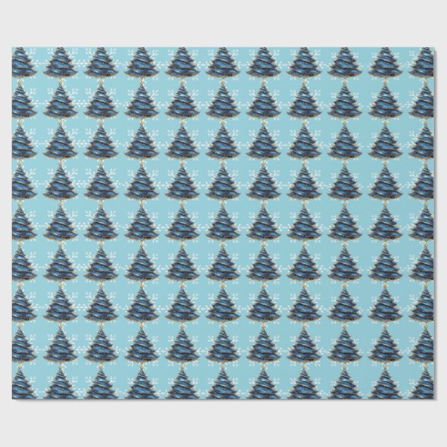 Papel De Presente Christmas Artistic Blue Gold Tree Snowflakes (Aberto)