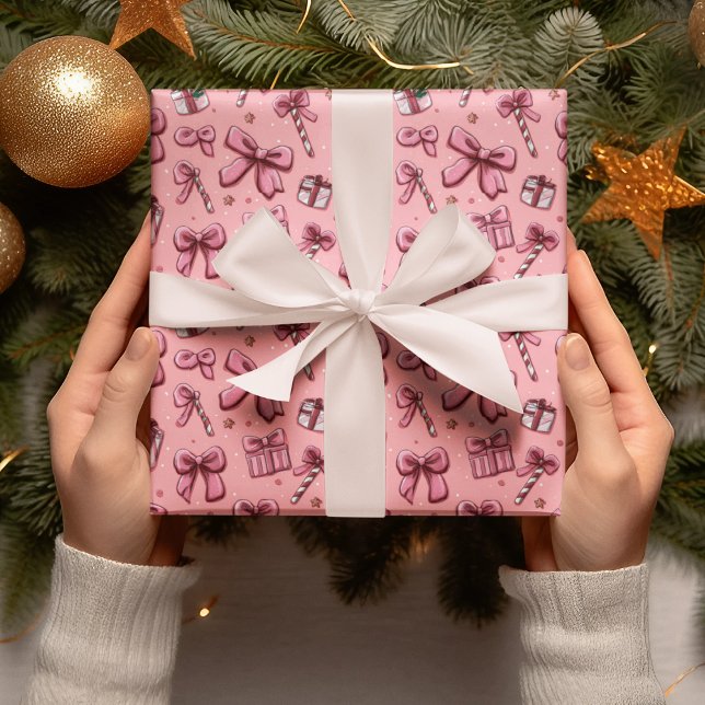 Papel De Presente Christmas Candy Canes and Bows Wrapping Paper (Criador carregado)