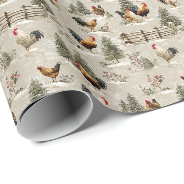 Papel De Presente Christmas Chickens and Roosters Farmyard Winter  (Ponta do rolo)