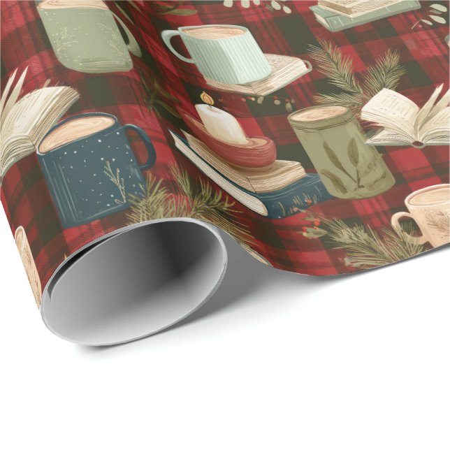 Papel De Presente Christmas Coffee Cups Books Candles Rad Plaid  (Ponta do rolo)
