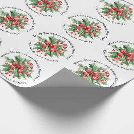 Papel De Presente Christmas Custom text Holly Berry Candy Cane White