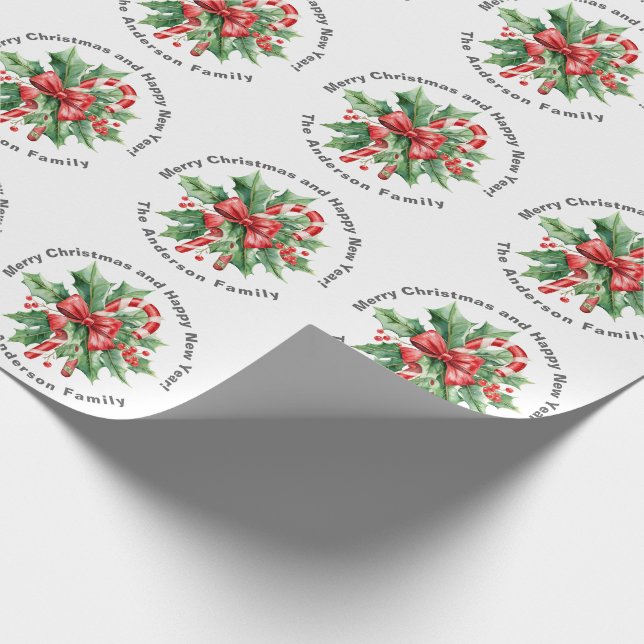 Papel De Presente Christmas Custom text Holly Berry Candy Cane White (Ponta)