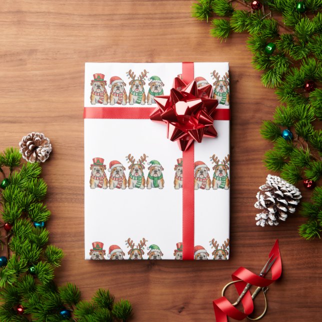 Papel De Presente Christmas English Bulldog Dog Santa Hat Reindeer (Presente de Natal)