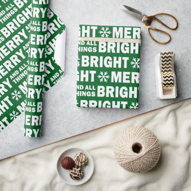 Papel De Presente Christmas Gift Wrap | Merry and Bright Green White (Artesanato)
