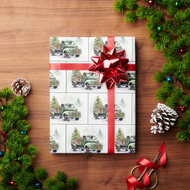 Papel De Presente Christmas Green Retro Truck With Tree (Presente de Natal)