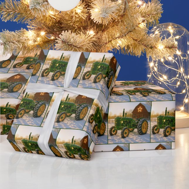 Papel De Presente Christmas Green Tractor With Glowing Lights (Feriados)