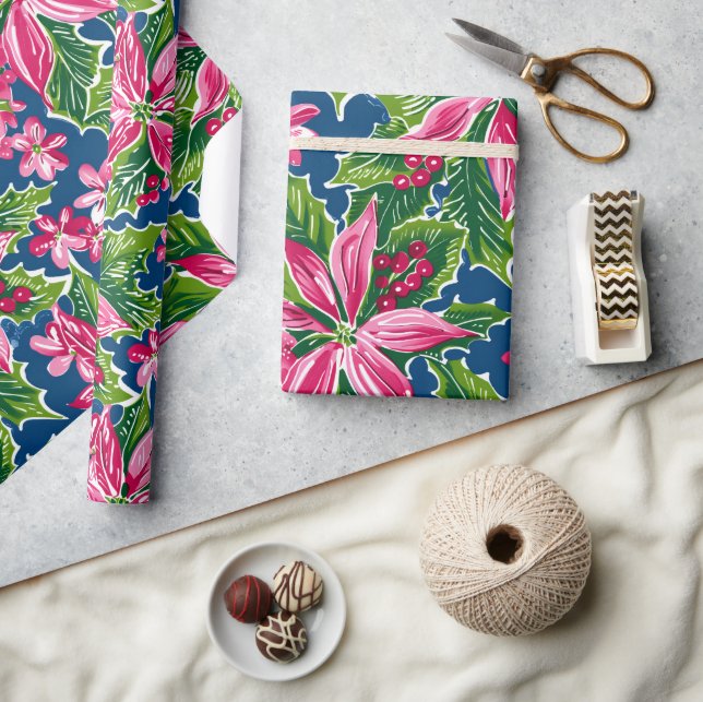 Papel De Presente Christmas Holly And Flower Patterned  (Artesanato)