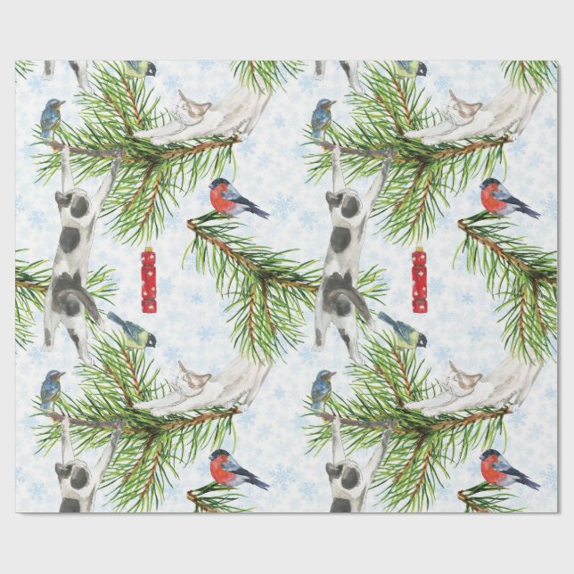Papel De Presente Christmas kitten with Birds (Aberto)