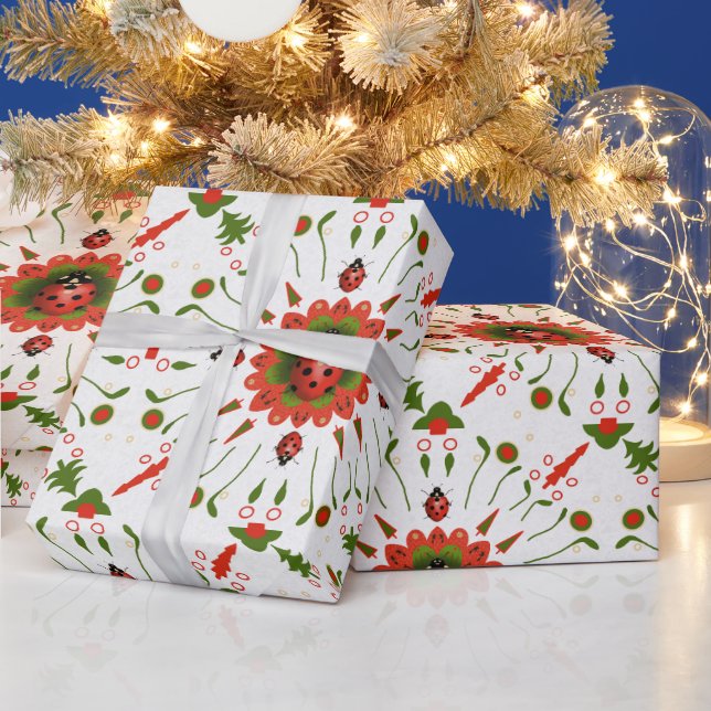 Papel De Presente Christmas Ladybug Red, Green, and White (Feriados)
