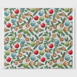 Papel De Presente Christmas Ornaments & Pine Pattern