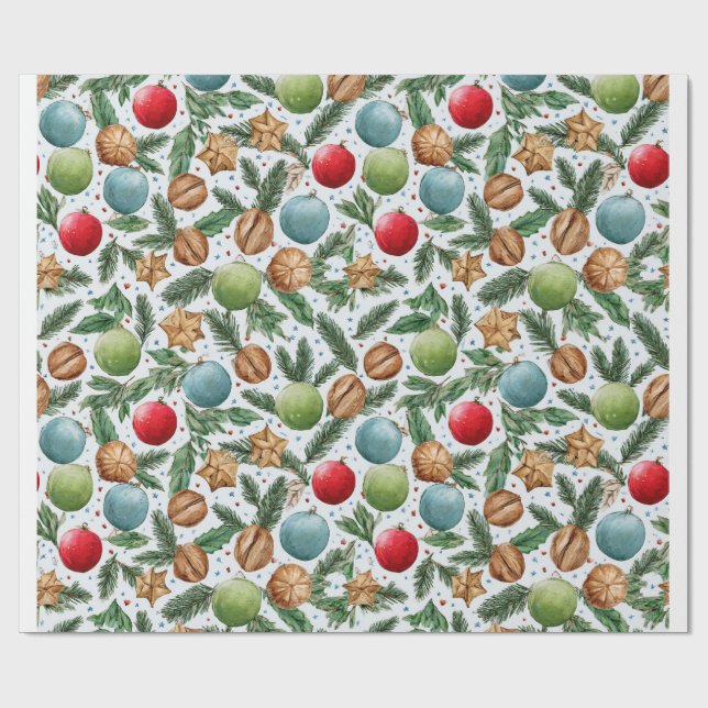 Papel De Presente Christmas Ornaments & Pine Pattern (Aberto)