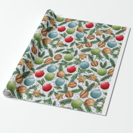 Papel De Presente Christmas Ornaments & Pine Pattern