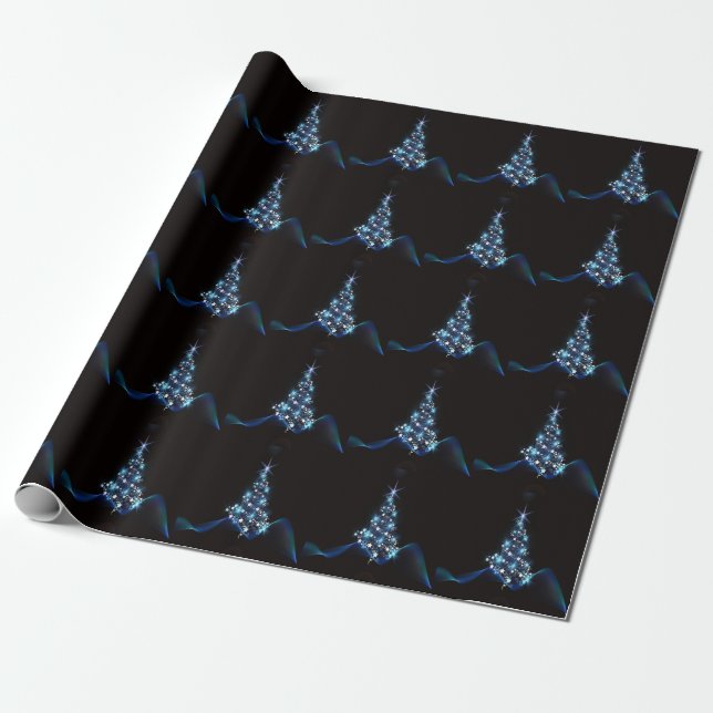 Papel De Presente Christmas Party Blue Tree Shiny Black Elegant (Desenrolado)