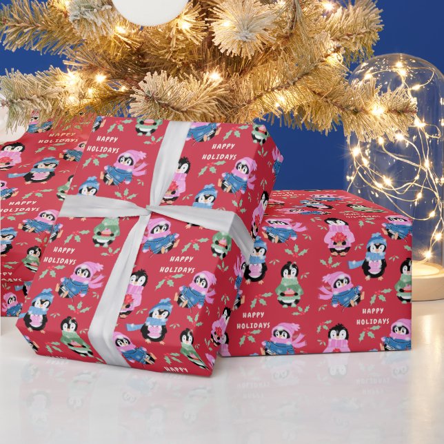 Papel De Presente Christmas Penguins Crew Red Holiday Wrapping Paper (Feriados)
