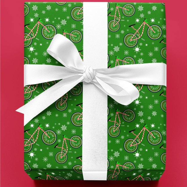 Papel De Presente Christmas Peppermint Cycling Bike Snowflakes Green (Criador carregado)