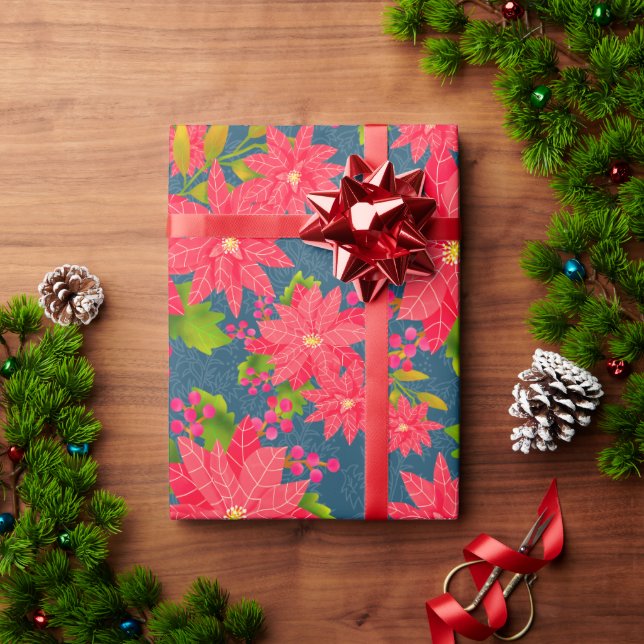 Papel De Presente Christmas Poinsettia Blue (Presente de Natal)