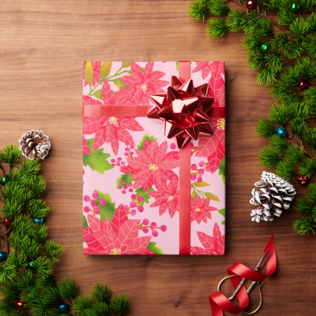 Papel De Presente Christmas Poinsettia Pink (Presente de Natal)