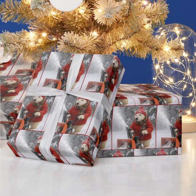 Papel De Presente Christmas Polar Bear Pushing a Snowblower (Feriados)