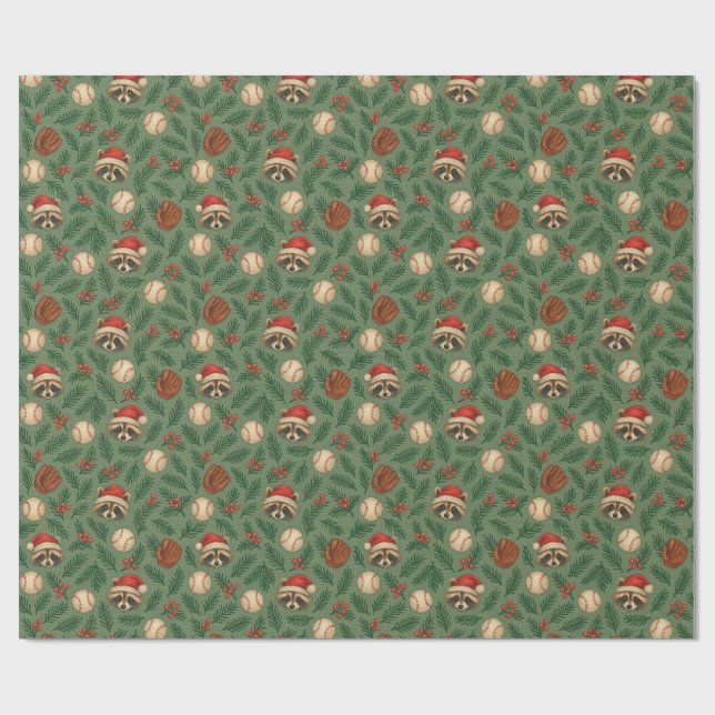 Papel De Presente Christmas Raccoon Baseball Wrapping Paper (Aberto)