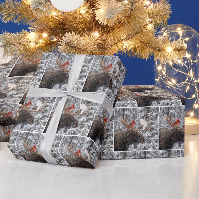 Papel De Presente Christmas Red Cardinal On Snowy Moose Antlers (Feriados)