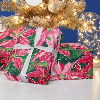 Papel De Presente Christmas Ruby Pink Poinsettia N Leaves Pattern