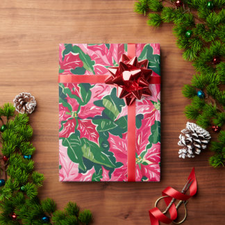Papel De Presente Christmas Ruby Pink Poinsettia N Leaves Pattern