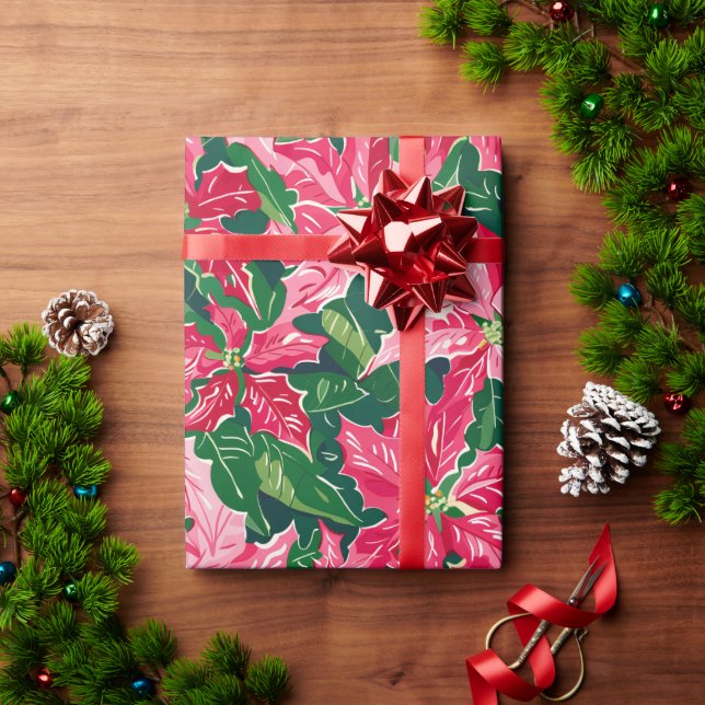 Papel De Presente Christmas Ruby Pink Poinsettia N Leaves Pattern (Presente de Natal)