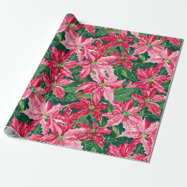 Papel De Presente Christmas Ruby Pink Poinsettia N Leaves Pattern