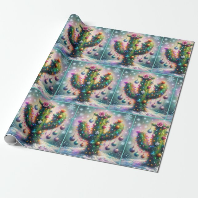 Papel De Presente Christmas Saguaro Cactus Whimsical Decoupage (Desenrolado)
