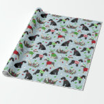 Papel De Presente Christmas Schnauzer<br><div class="desc">Calcinhas de Natal com sal e pimenta e casacos pretas e prateadas vestem chapéus de Santa, galhadas e blusas de argila em fundo azul com ornamentos dispersos.</div>