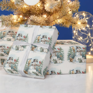 Papel De Presente Christmas Snowman and Forest Birds, Animals 