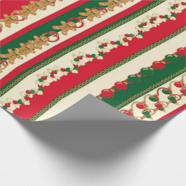 Papel De Presente Christmas Stripes Gingerbread & Ornaments Pattern