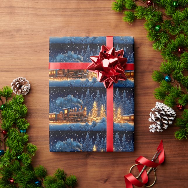Papel De Presente Christmas Train Gold Lights Snow Pine Trees  (Presente de Natal)