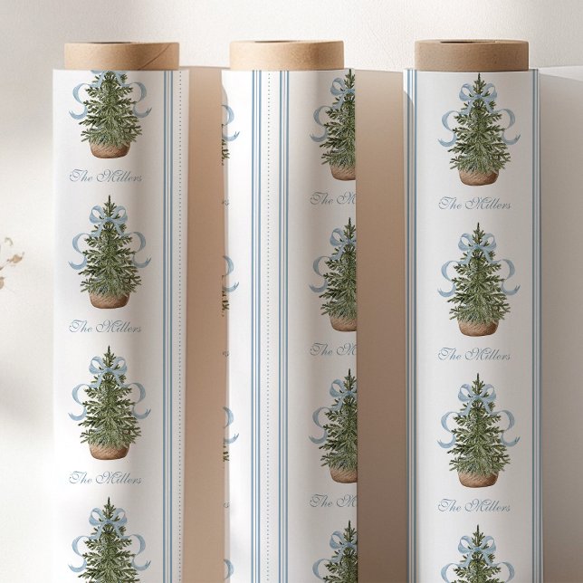 Papel De Presente Christmas Tree Preppy Bow Blue Christmas (Criador carregado)
