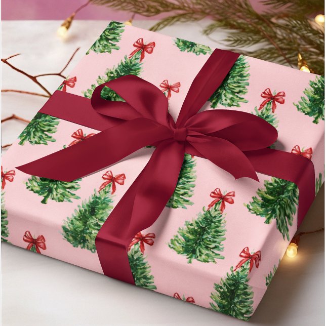 Papel De Presente Christmas Tree with Red Bow | Pink Wrapping Paper (Criador carregado)