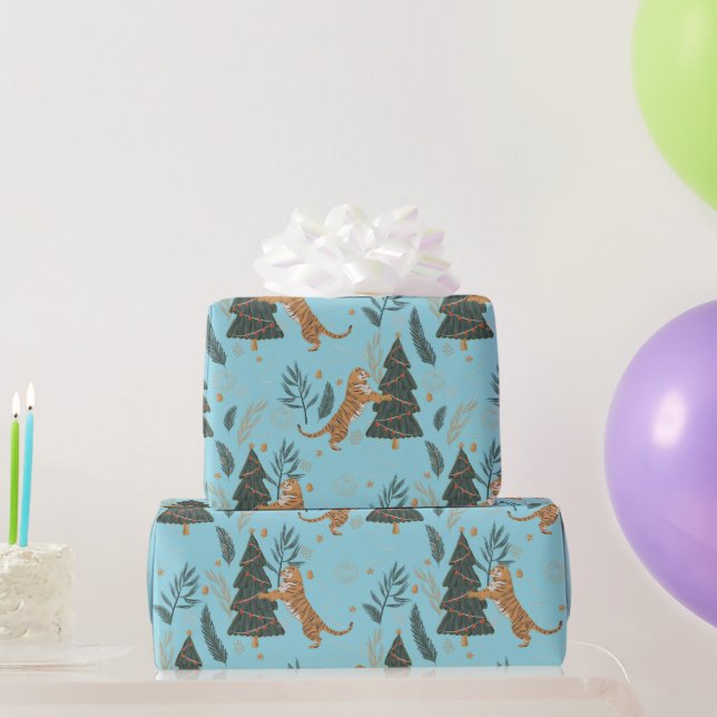 Papel De Presente Christmas trees & tigers pattern Blue background (Presentes para festas)