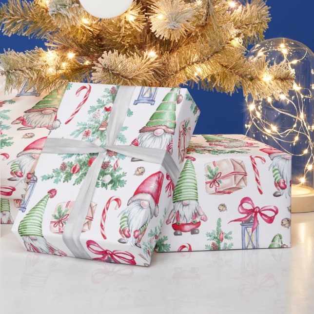 Papel De Presente Christmas Watercolor Gnomes, Christmas Trees (Feriados)