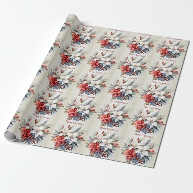 Papel De Presente Christmas White Red Flowers Holidays Elegant (Desenrolado)