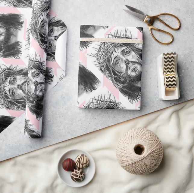 Papel De Presente Christmas Wrapping Pink &White Stripe Jesus Christ (Artesanato)