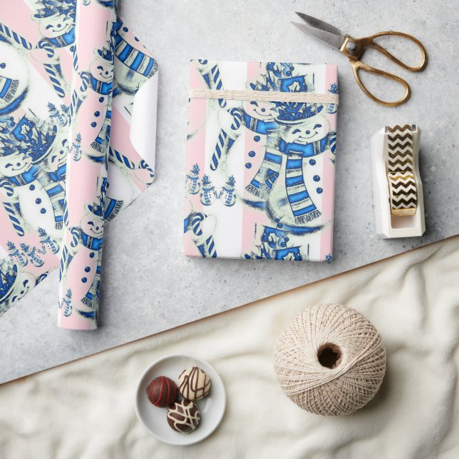 Papel De Presente Christmas Wrapping Pink & White Stripe Snowman (Artesanato)
