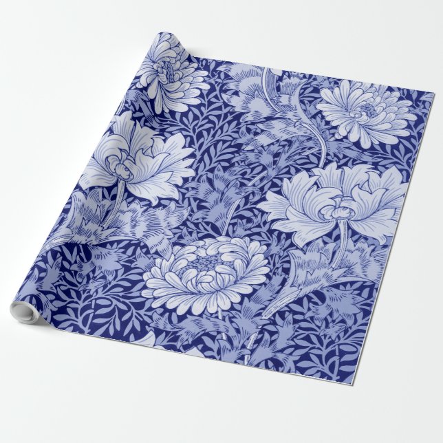 Papel De Presente Chrysanthemum Blue, William Morris (Desenrolado)