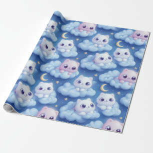 Papel De Presente "Chubby Kawaii Cats and Clouds 3D Padrão Invisível