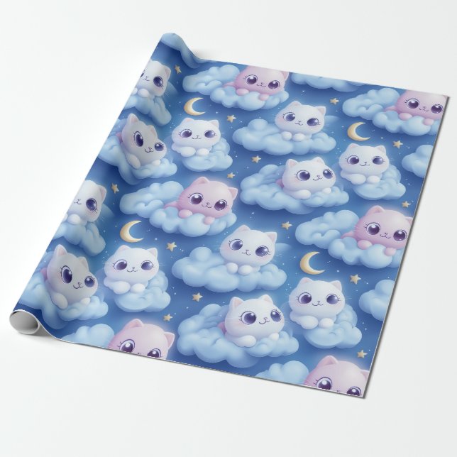 Papel De Presente "Chubby Kawaii Cats and Clouds 3D Padrão Invisível (Desenrolado)