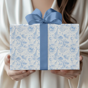 Papel De Presente Chuva de Bebê Blue Safari Toile de Jouy