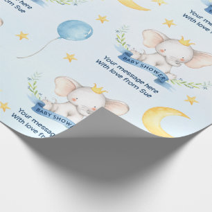 Papel De Presente Chuva de Bebê Elefante Azul com Texto Personalizad