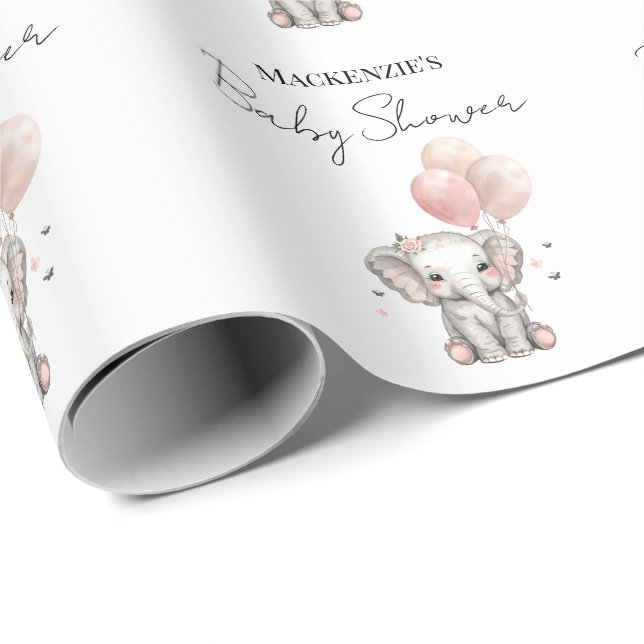 Papel De Presente Chuva de Bebê Elefante & Balões Rosa Menina (Ponta do rolo)